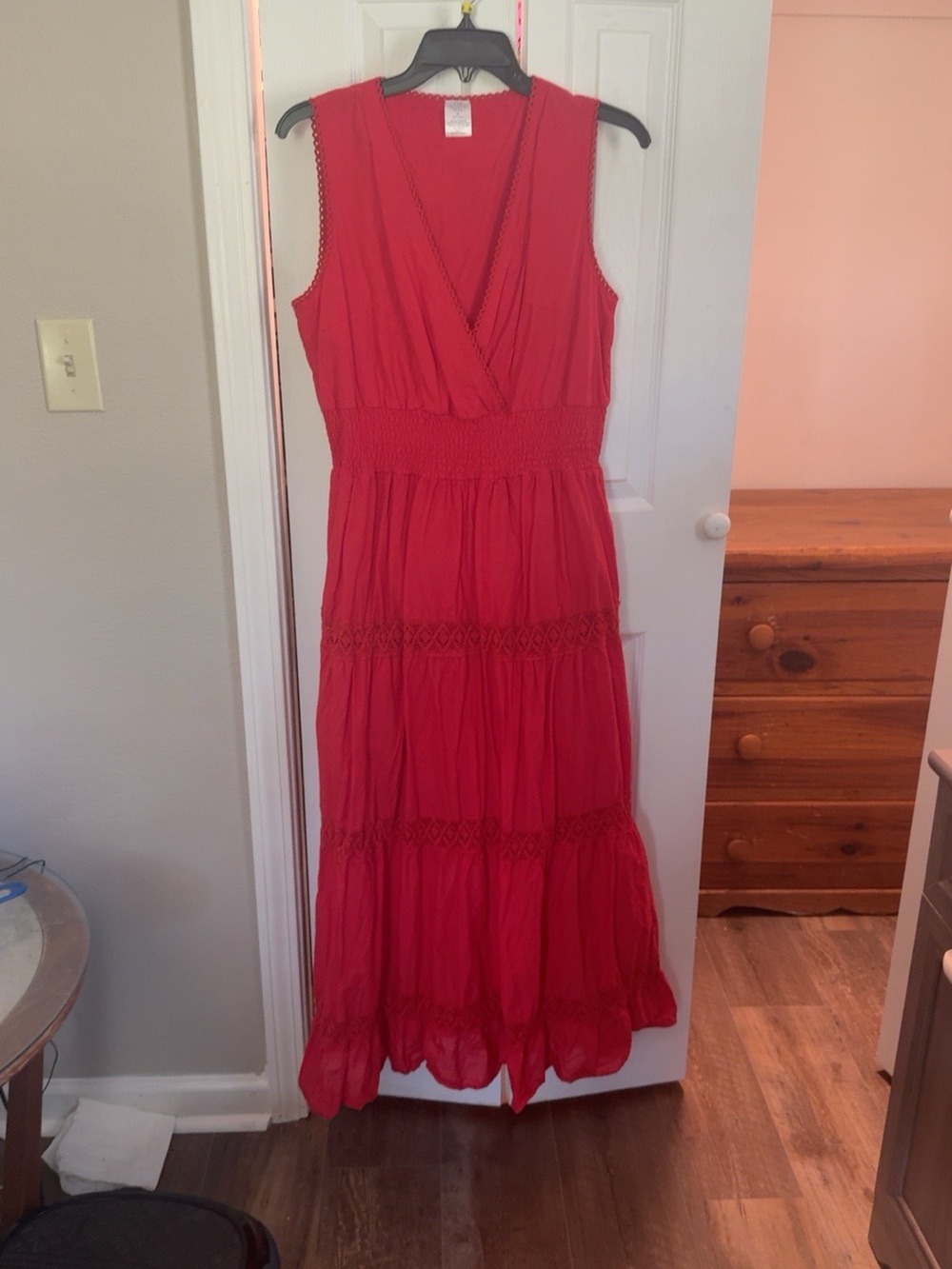 Red Cotton Tiered Maxi Dress Crochet Trim Smocked Waist XL